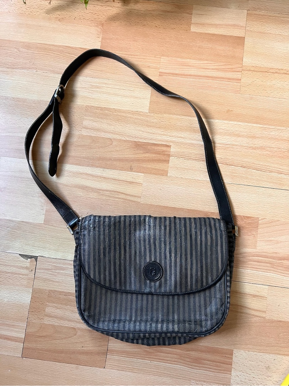 Fendi Pequin DAMAGED Black khaki taupe Striped Crossbody Bag